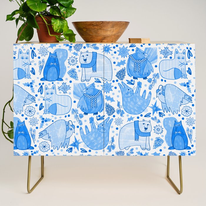 Winter Forest Woodland Animals in Blue Credenza Gallery Image 1