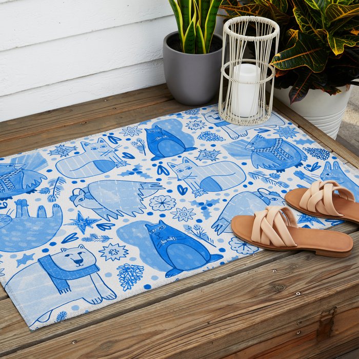 Winter Forest Woodland Animals in Blue Outdoor Rug Gallery Image 2