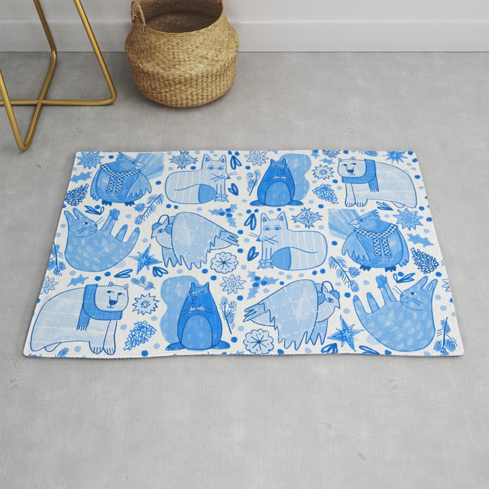 Winter Forest Woodland Animals in Blue Rug Gallery Image 1