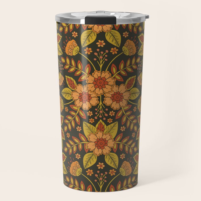 Orange, Peach, Olive Green & Dark Gray Floral Pattern Travel Mug Gallery Image 1