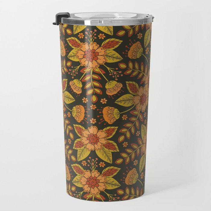 Orange, Peach, Olive Green & Dark Gray Floral Pattern Travel Mug Gallery Image 3