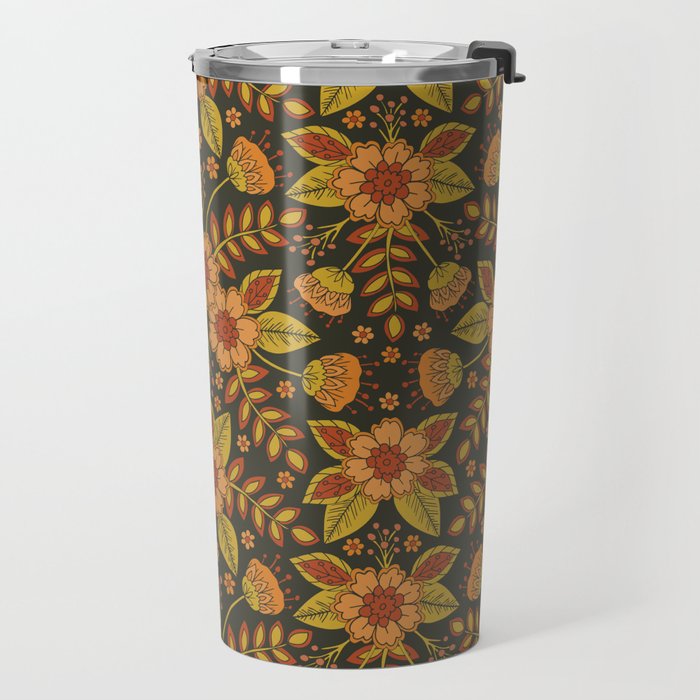 Orange, Peach, Olive Green & Dark Gray Floral Pattern Travel Mug Gallery Image 2