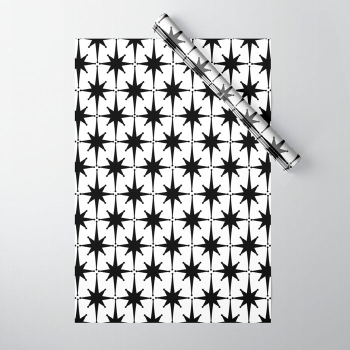 Midcentury Modern Atomic Starburst Pattern in Black and White Wrapping Paper Gallery Image 1