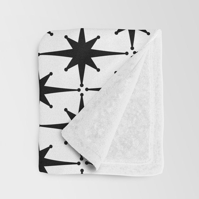 Midcentury Modern Atomic Starburst Pattern in Black and White Throw Blanket Gallery Image 3