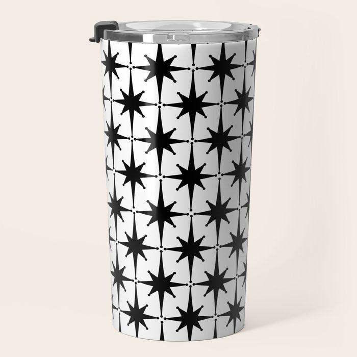 Midcentury Modern Atomic Starburst Pattern in Black and White Travel Mug Gallery Image 3