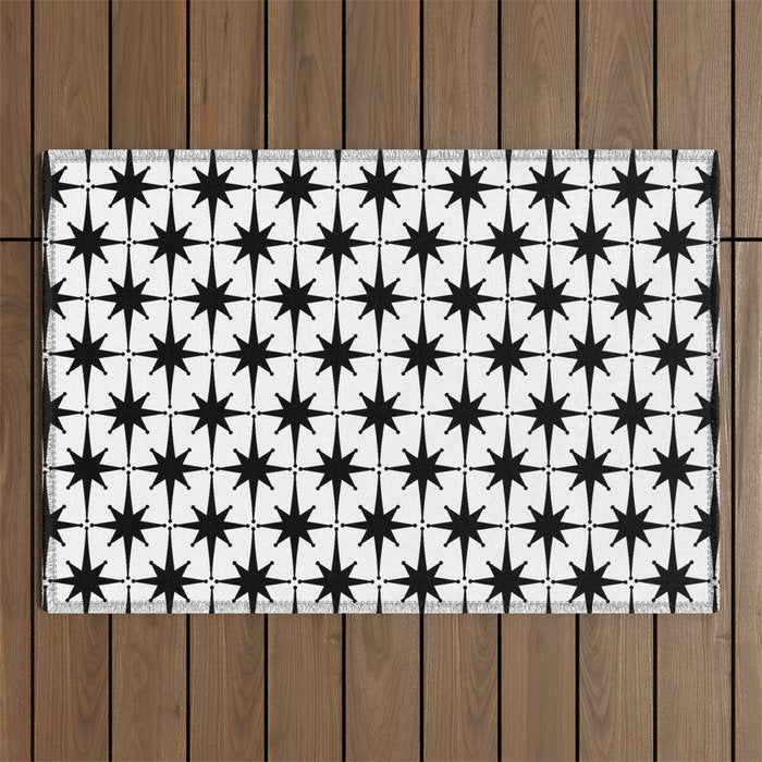 Midcentury Modern Atomic Starburst Pattern in Black and White Outdoor Rug Gallery Image 1