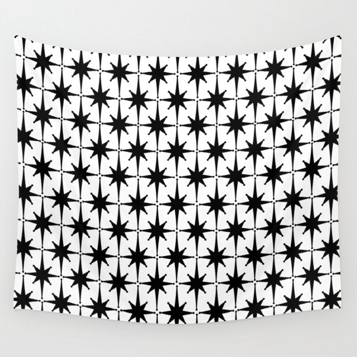 Midcentury Modern Atomic Starburst Pattern in Black and White Wall Tapestry Gallery Image 1