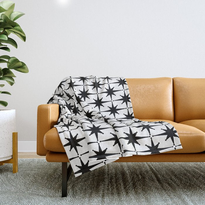 Midcentury Modern Atomic Starburst Pattern in Black and White Throw Blanket Gallery Image 1