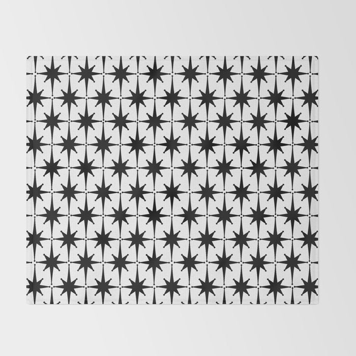 Midcentury Modern Atomic Starburst Pattern in Black and White Throw Blanket Gallery Image 2