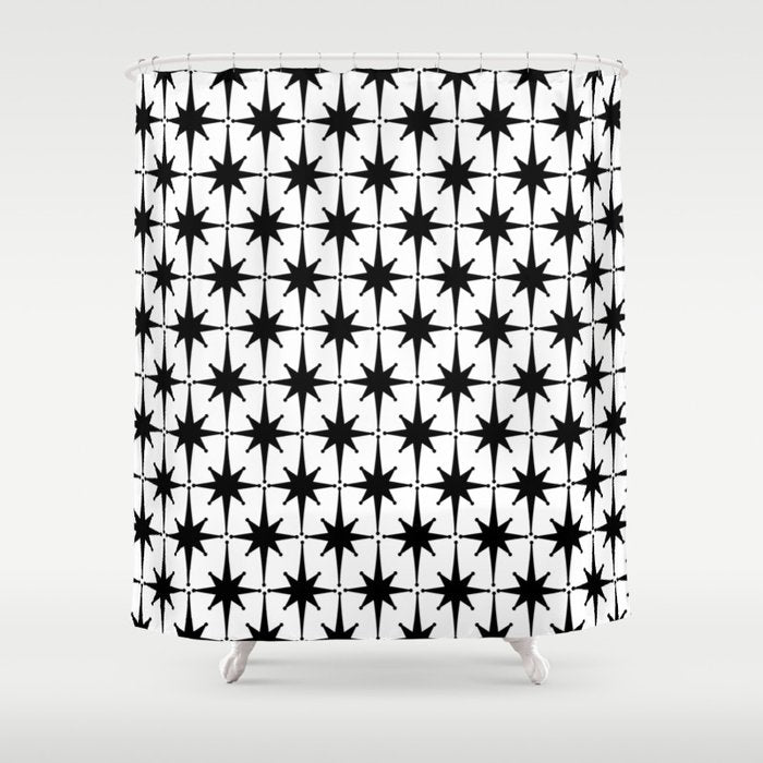Midcentury Modern Atomic Starburst Pattern in Black and White Shower Curtain Gallery Image 1