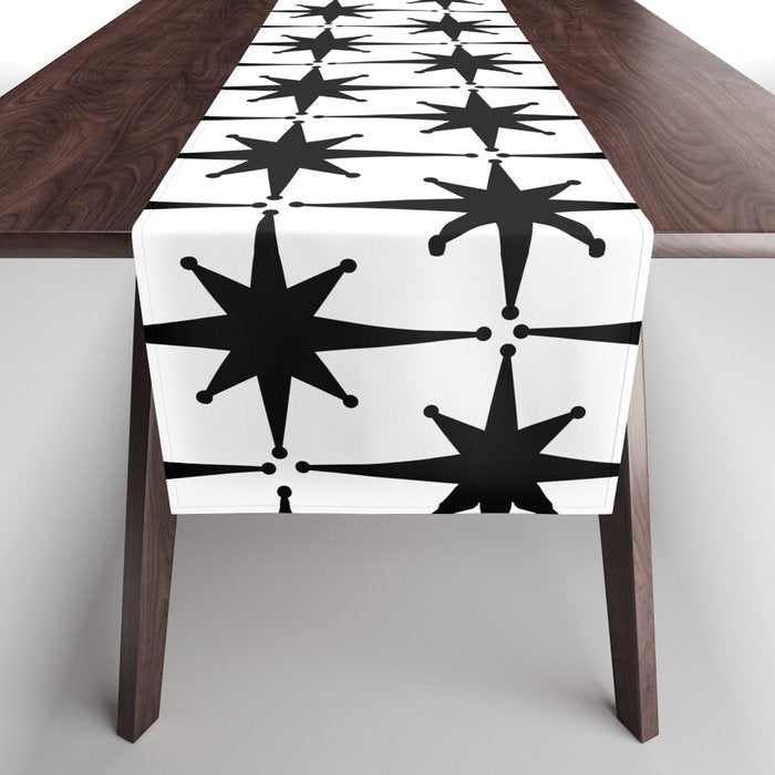 Midcentury Modern Atomic Starburst Pattern in Black and White Table Runner Gallery Image 1