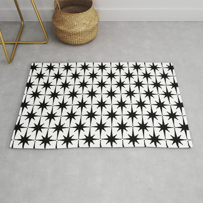 Midcentury Modern Atomic Starburst Pattern in Black and White Rug Gallery Image 1
