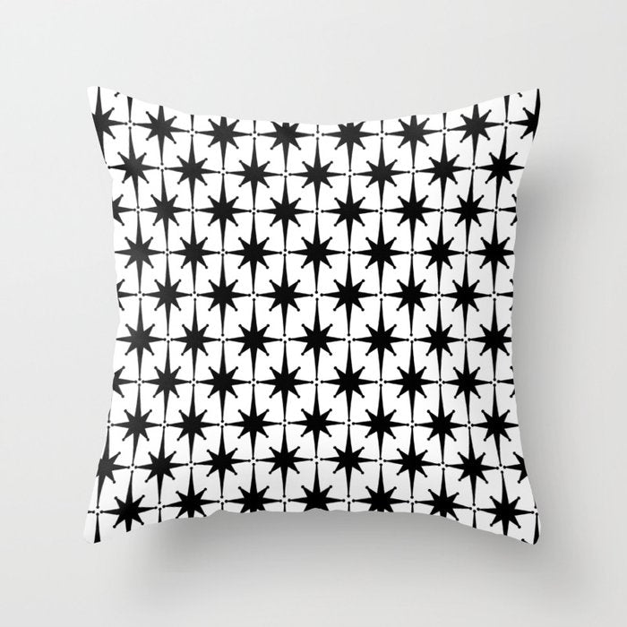 Midcentury Modern Atomic Starburst Pattern in Black and White Throw Pillow Gallery Image 1