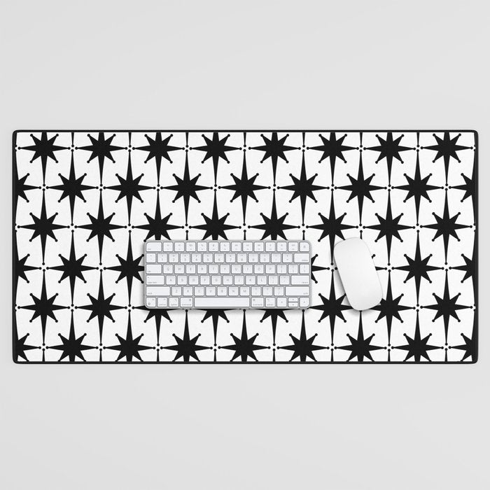 Midcentury Modern Atomic Starburst Pattern in Black and White Desk Mat Gallery Image 1