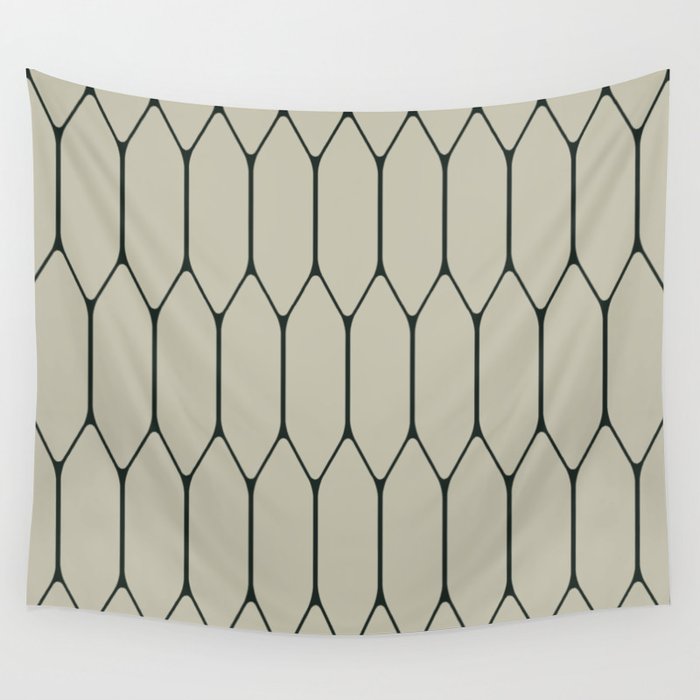 Long Honeycomb Minimalist Geometric Pattern in Light Sage Beige Gray and Dark Green Wall Tapestry Gallery Image 1