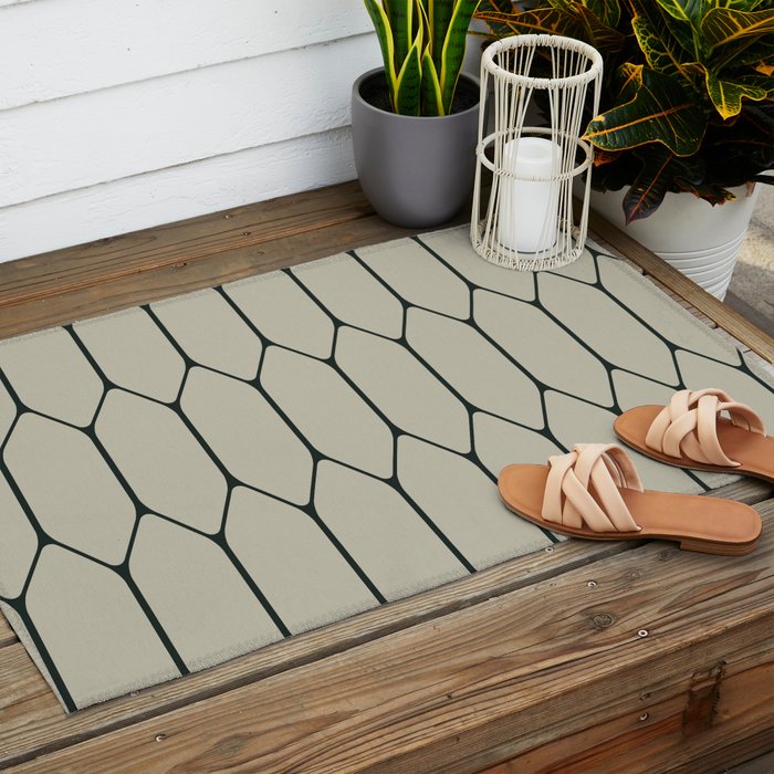 Long Honeycomb Minimalist Geometric Pattern in Light Sage Beige Gray and Dark Green Outdoor Rug Gallery Image 2