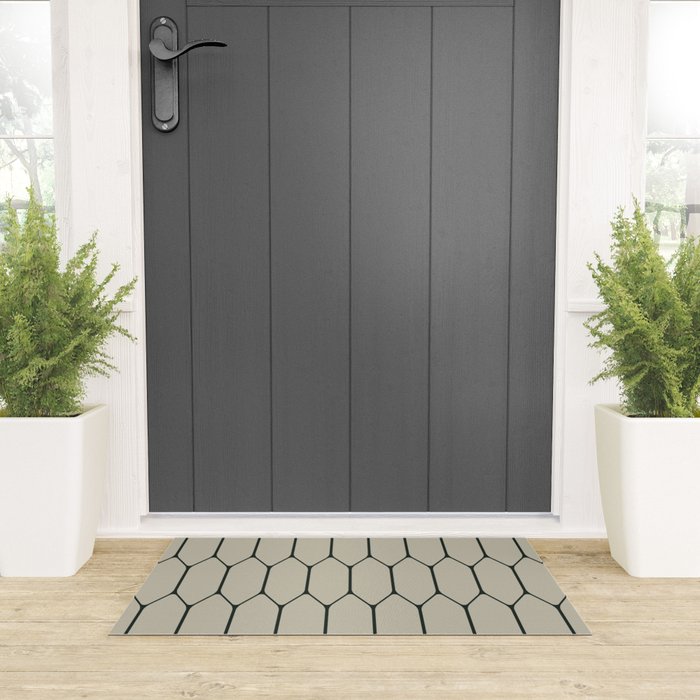 Long Honeycomb Minimalist Geometric Pattern in Light Sage Beige Gray and Dark Green Welcome Mat Gallery Image 3