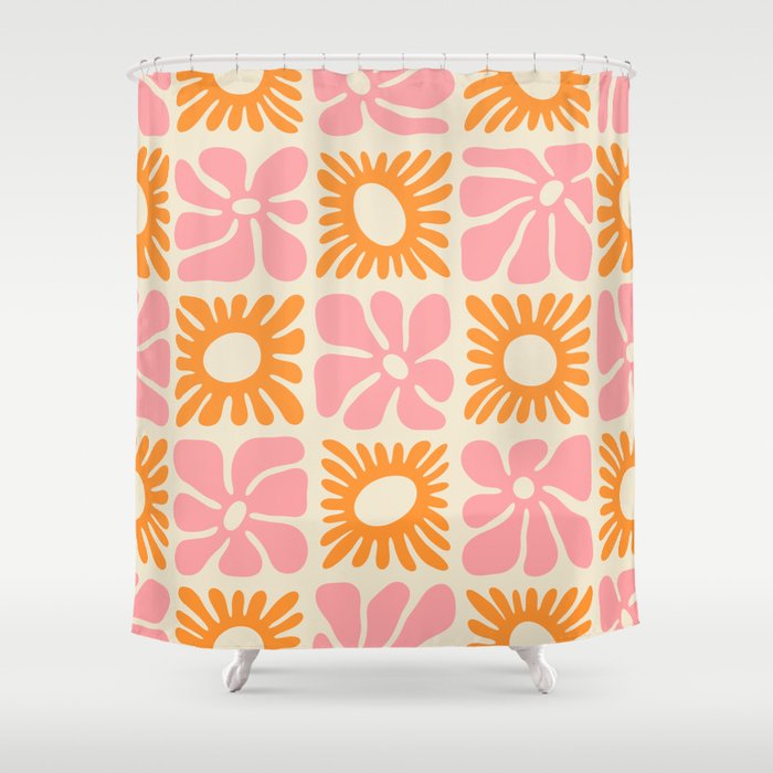 Retro checkered flower mosaic art pattern Shower Curtain Gallery Image 1