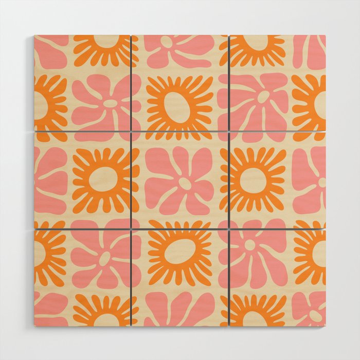 Retro checkered flower mosaic art pattern Wood Wall Art Gallery Image 1