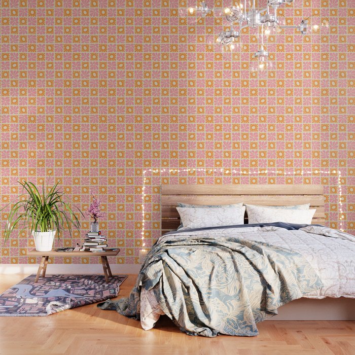 Retro checkered flower mosaic art pattern Wallpaper Gallery Image 3