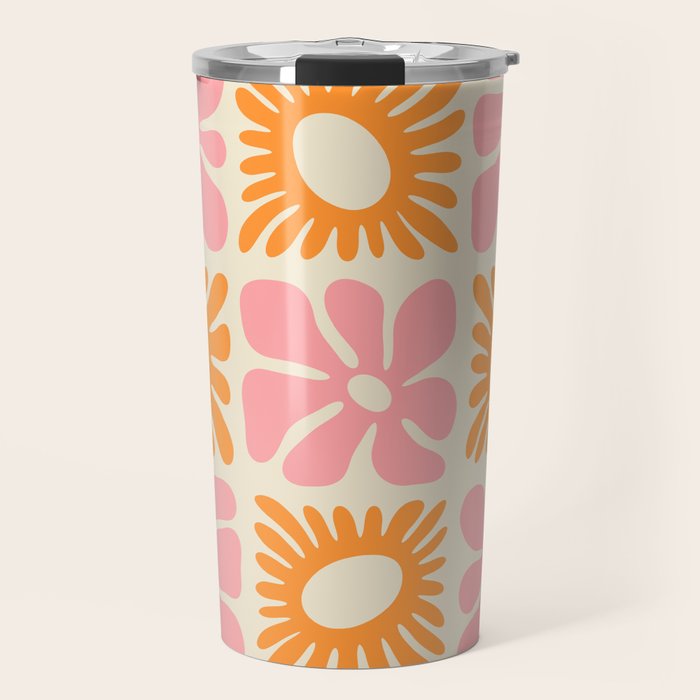 Retro checkered flower mosaic art pattern Travel Mug Gallery Image 1