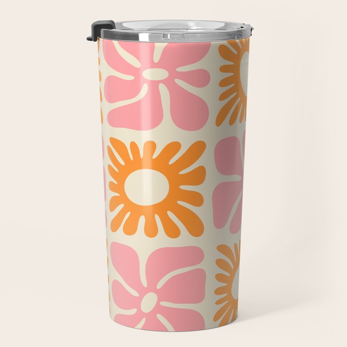 Retro checkered flower mosaic art pattern Travel Mug Gallery Image 3