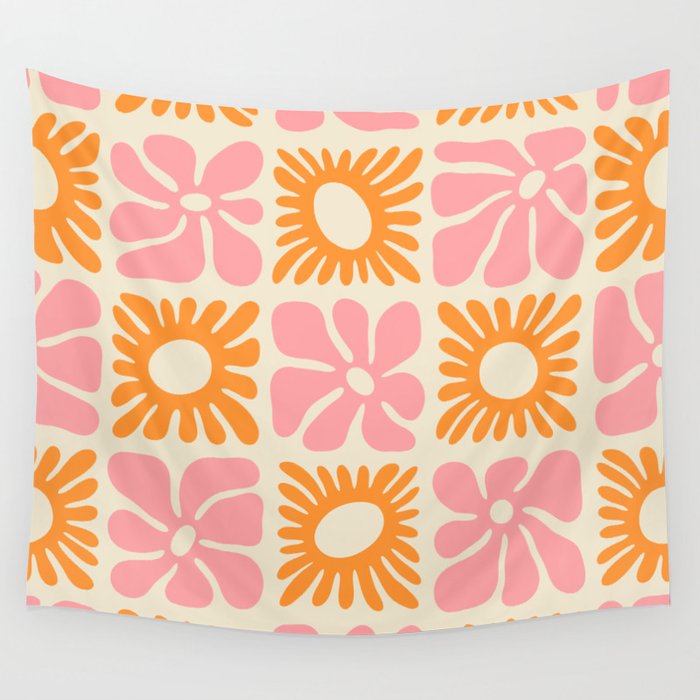 Retro checkered flower mosaic art pattern Wall Tapestry Gallery Image 1