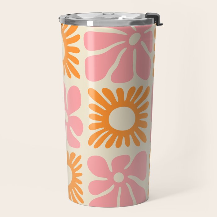 Retro checkered flower mosaic art pattern Travel Mug Gallery Image 2
