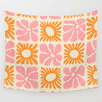 Retro checkered flower mosaic art pattern Wall Tapestry Gallery Image 4