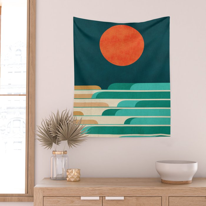 Chasing wave under the red moon Wall Tapestry Gallery Image 2