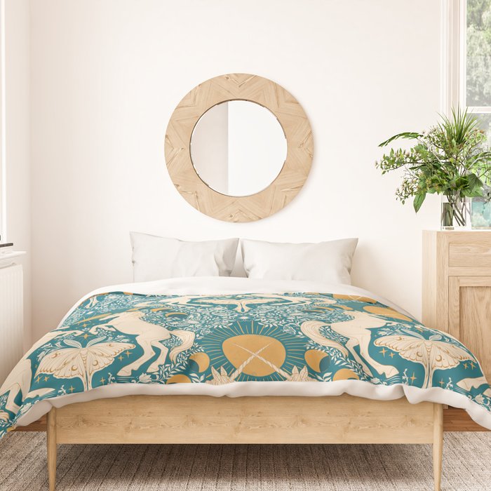 Celestial Unicorns In Turquoise and Gold Duvet Cover Gallery Image 3