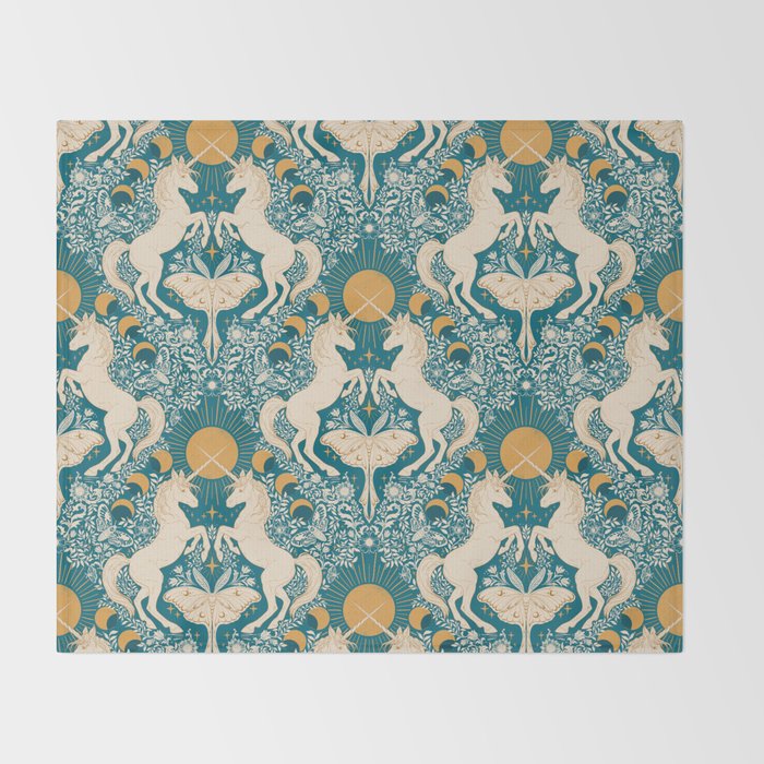 Celestial Unicorns In Turquoise and Gold Throw Blanket Gallery Image 2