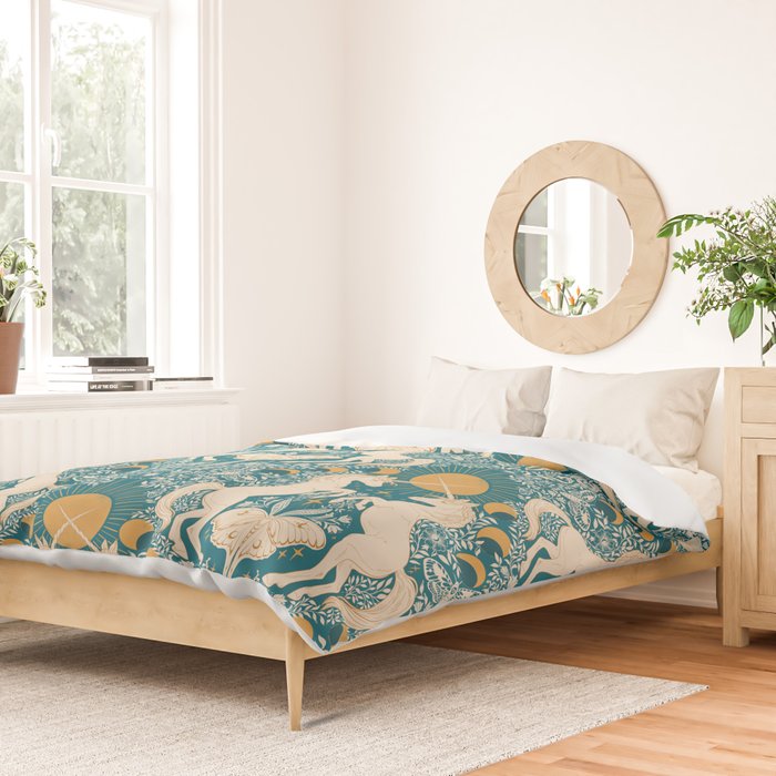 Celestial Unicorns In Turquoise and Gold Duvet Cover Gallery Image 2