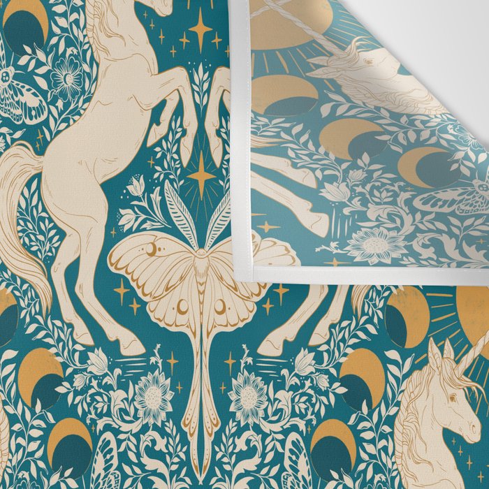 Celestial Unicorns In Turquoise and Gold Wall Tapestry Gallery Image 3
