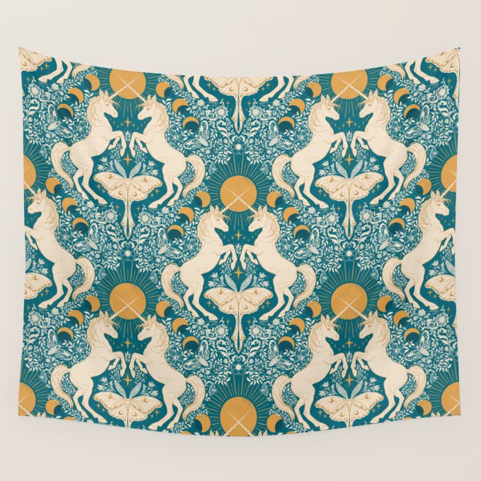 Celestial Unicorns In Turquoise and Gold Wall Tapestry Gallery Image 4