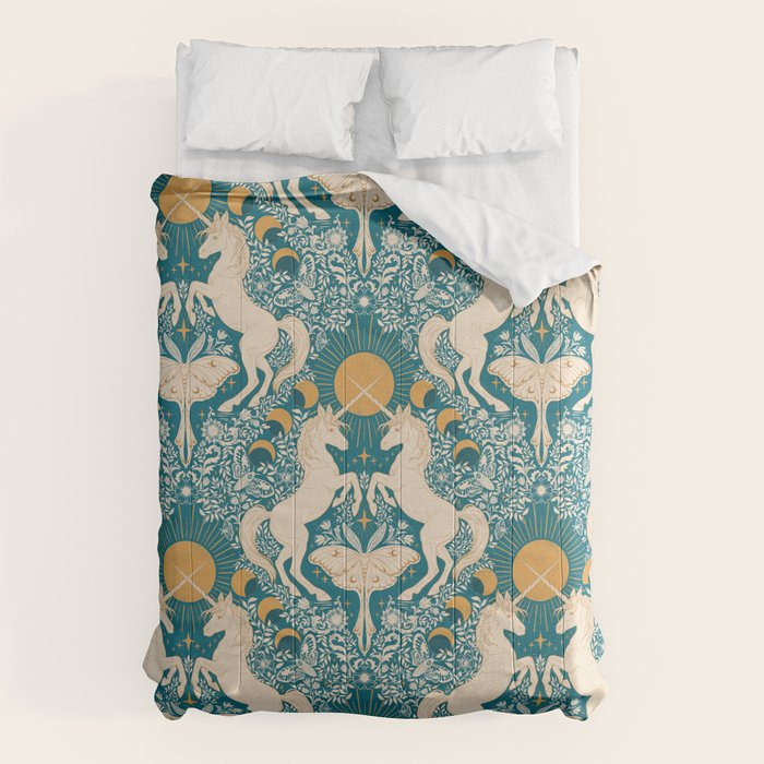 Celestial Unicorns In Turquoise and Gold Comforter Gallery Image 1