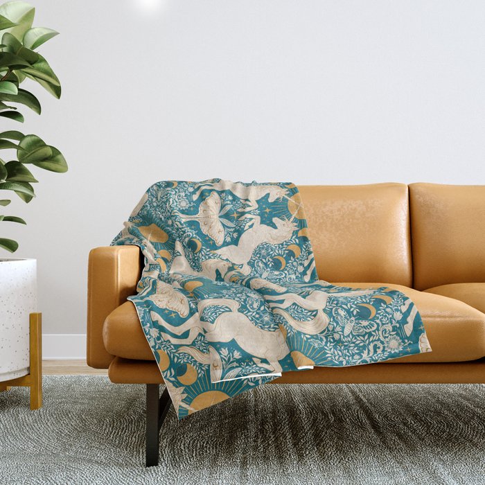 Celestial Unicorns In Turquoise and Gold Throw Blanket Gallery Image 1