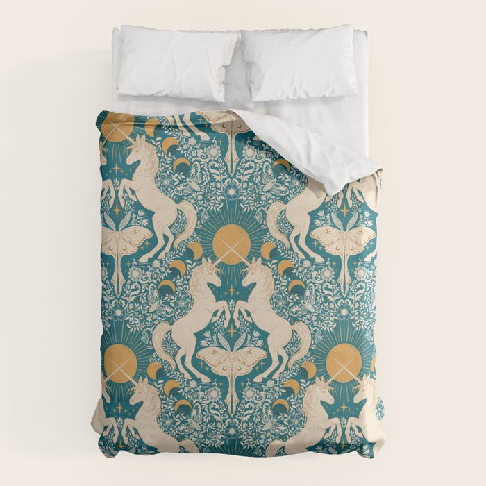Celestial Unicorns In Turquoise and Gold Duvet Cover Gallery Image 6