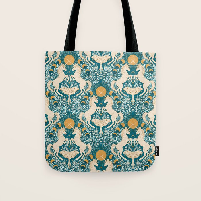 Celestial Unicorns In Turquoise and Gold Tote Bag Gallery Image 1