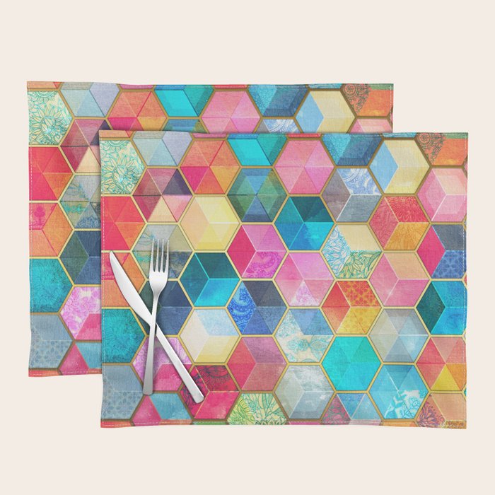 Crystal Bohemian Honeycomb Cubes - colorful hexagon pattern Placemat Gallery Image 1