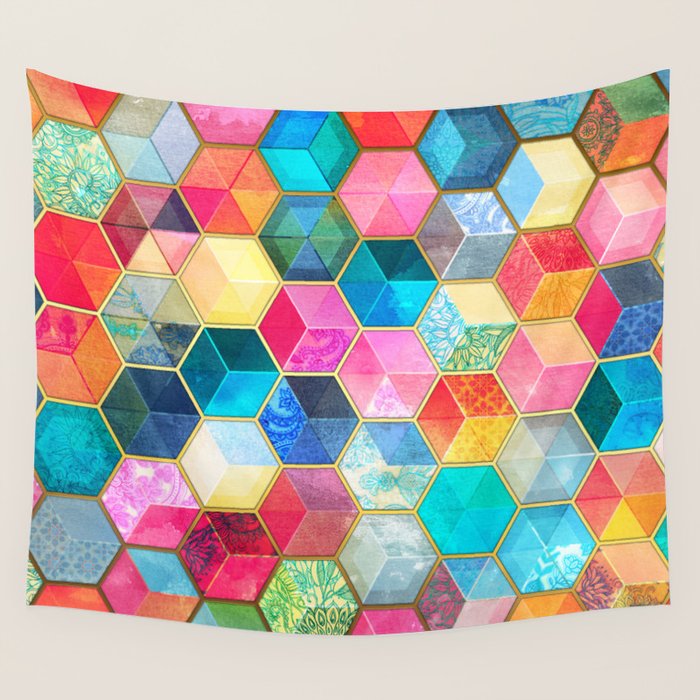 Crystal Bohemian Honeycomb Cubes - colorful hexagon pattern Wall Tapestry Gallery Image 4