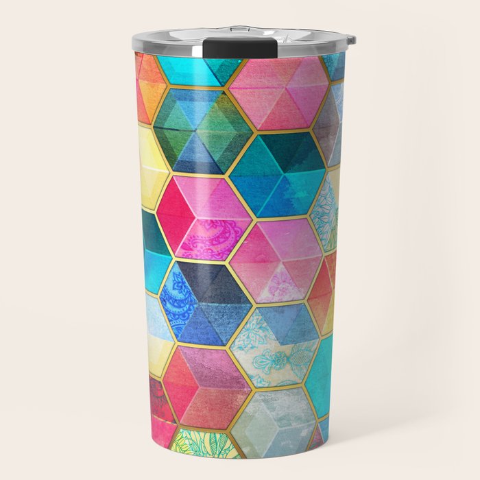 Crystal Bohemian Honeycomb Cubes - colorful hexagon pattern Travel Mug Gallery Image 1