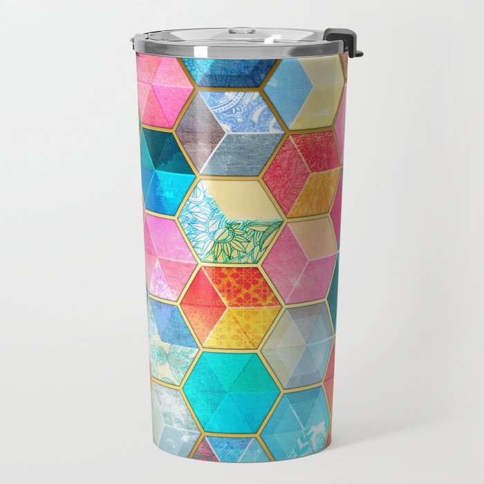 Crystal Bohemian Honeycomb Cubes - colorful hexagon pattern Travel Mug Gallery Image 2