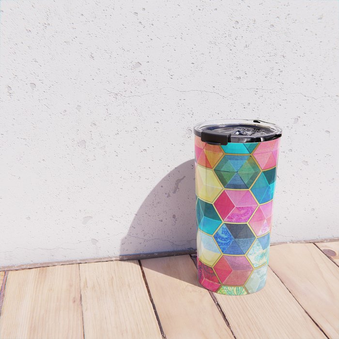Crystal Bohemian Honeycomb Cubes - colorful hexagon pattern Travel Mug Gallery Image 4