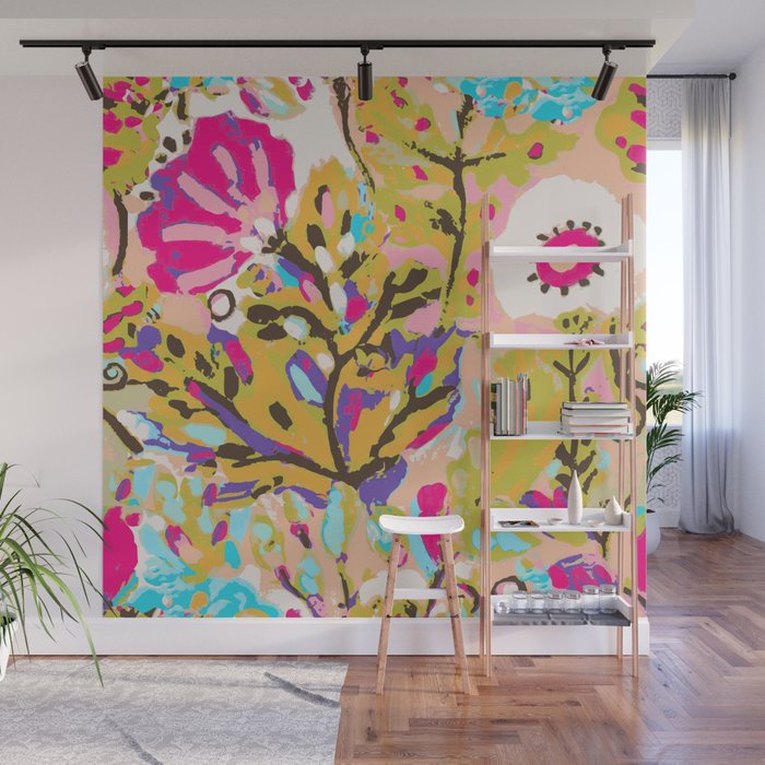 Bohemian Pink Abstract Flowers by Karen Fields Wall Mural Gallery Image 1