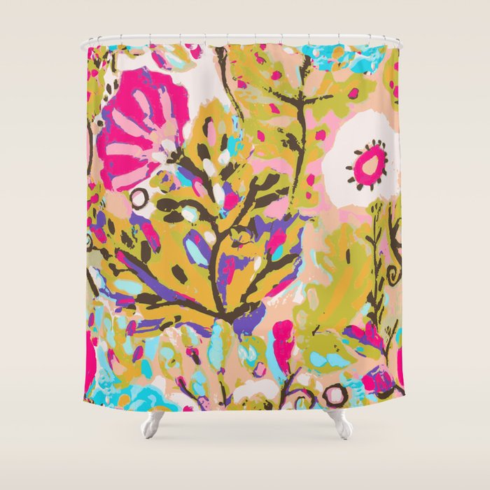 Bohemian Pink Abstract Flowers by Karen Fields Shower Curtain Gallery Image 1