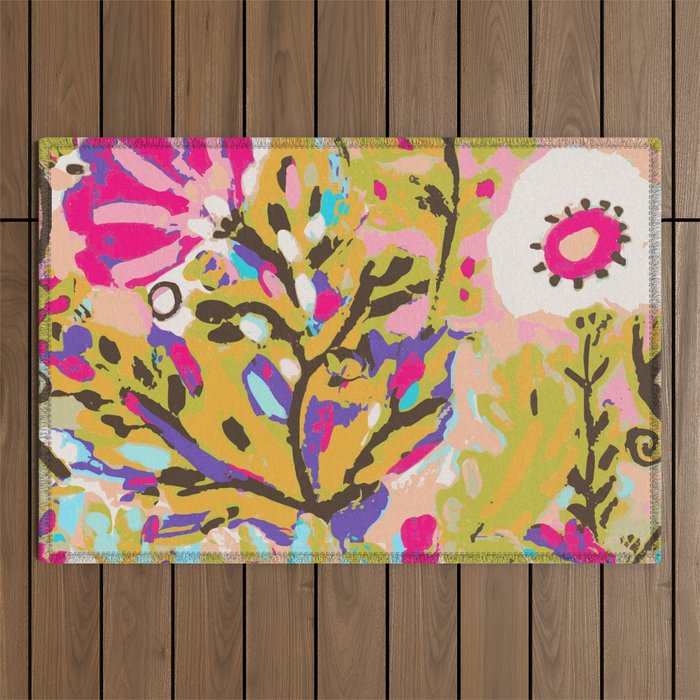Bohemian Pink Abstract Flowers by Karen Fields Outdoor Rug Gallery Image 1