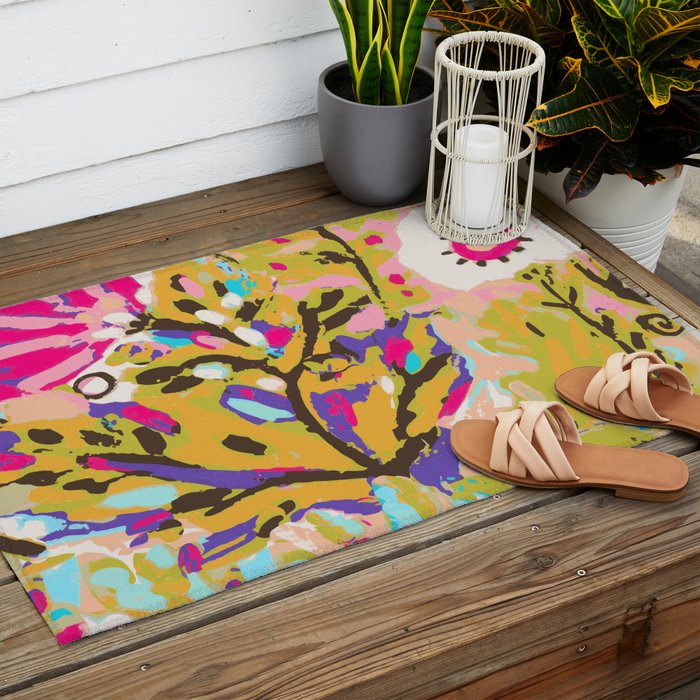 Bohemian Pink Abstract Flowers by Karen Fields Outdoor Rug Gallery Image 2