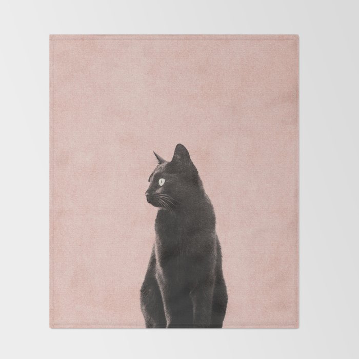 MINIMAL ANIMAL / Black Cat - peach Throw Blanket Gallery Image 2