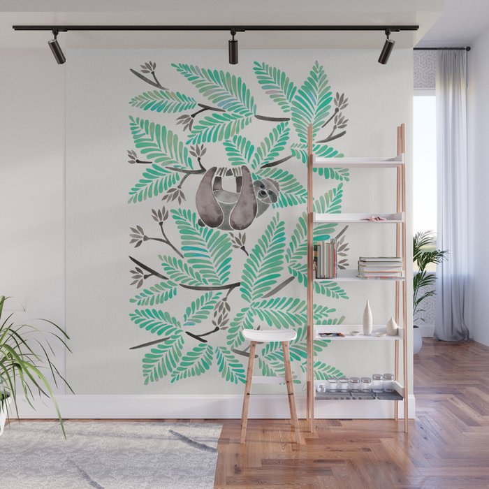 Happy Sloth - Tropical Mint Rainforest Wall Mural Gallery Image 1